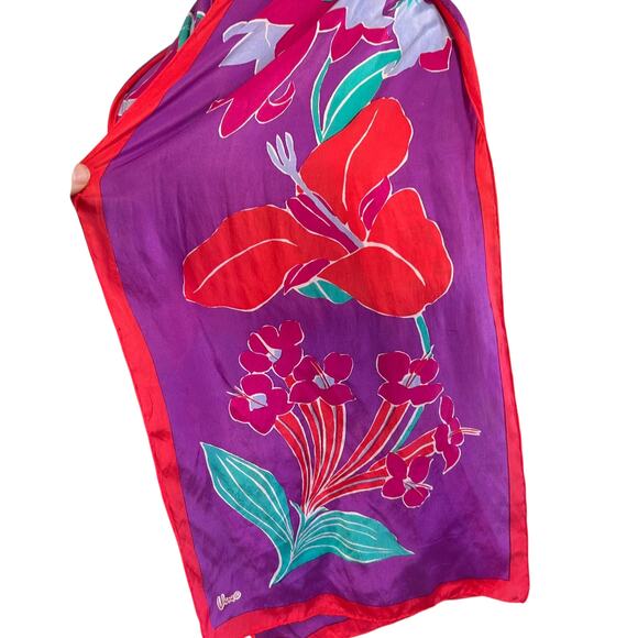 Vintage Vera Neumann Floral Scarf Long Retro Spring Easter Purple Red Green - Picture 3 of 5